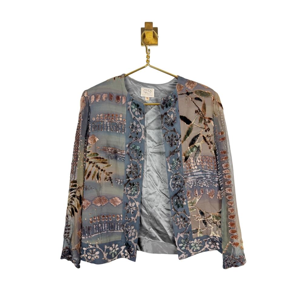 Zonda Nellis Gray Silk Burnout Velvet Jacket Sheer Sleeve Kimono Art to Wear XS